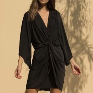 MISA Los Angeles Teget 3/4 Bell Sleeve Draped Sheath Black Dress Women's Small